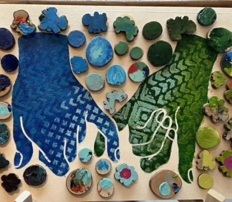 An art collage using blue and green colors