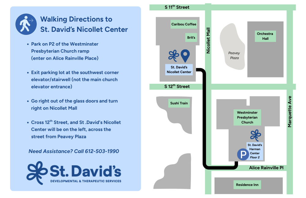 map showing route between parking ramp and Nicollet Center