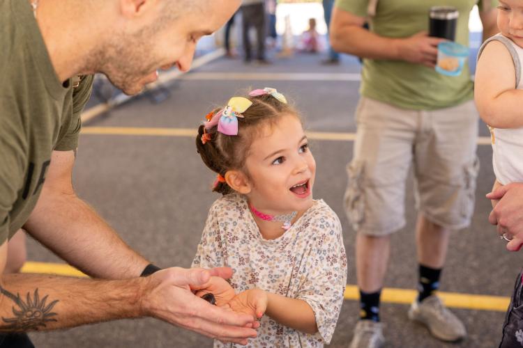 Little girl holding a large insect, talking to the bug-keeper.