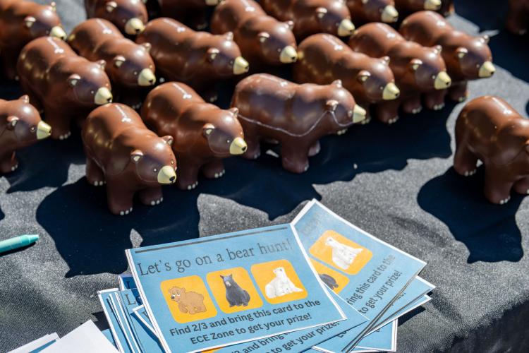 Squishy bear toys lined up on a table for a bear hunt activity.