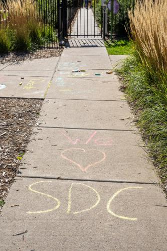 Chalk art on a sidewalk spelling out "We love SDC"