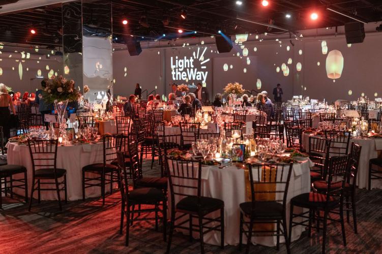 Gala tables set for dinner. 