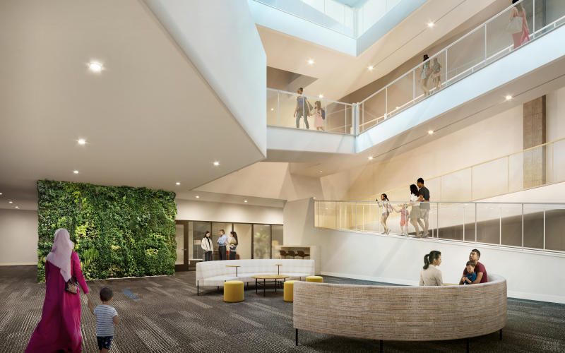 Rendering of a large space on a lower level of a building showing a walkway going up several floors