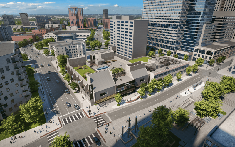 Aerial rendering of the top of the new St. David's building with downtown Minneapolis surrounding it