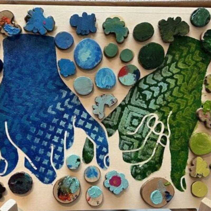 An art collage using blue and green colors