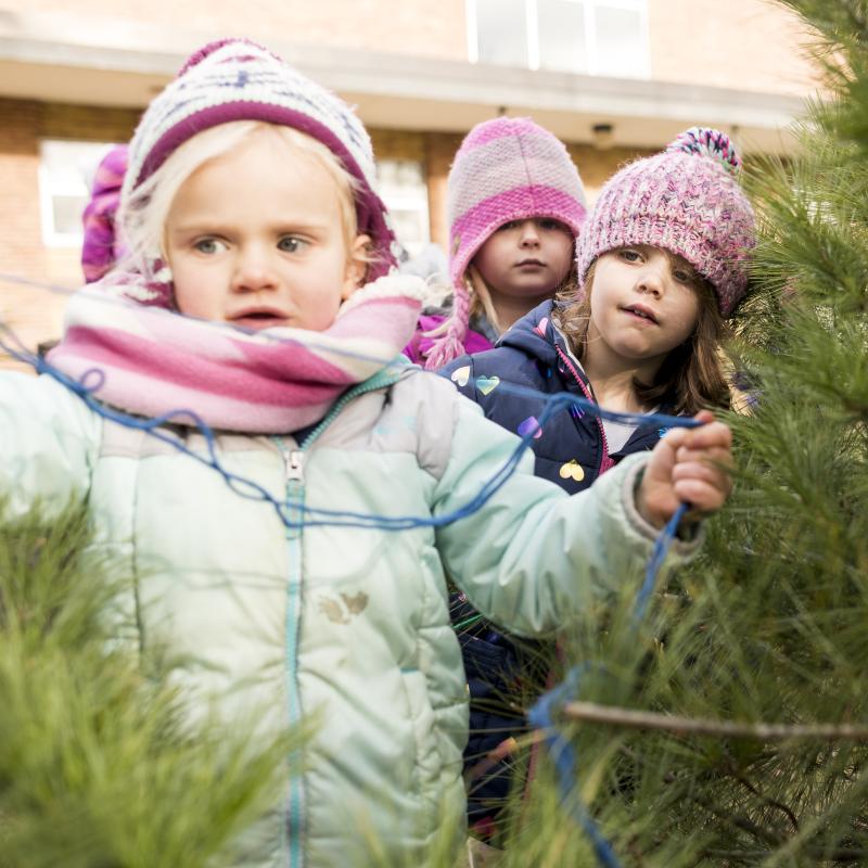 little girls on scavenger hunt in fir trees